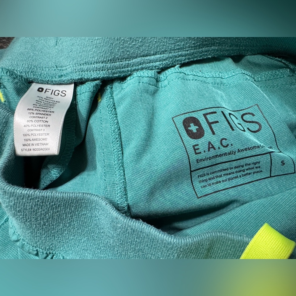 Figs Teal Track Pants & Scrub Top Set with Neon Yellow Drawstring - Picture 6 of 9
